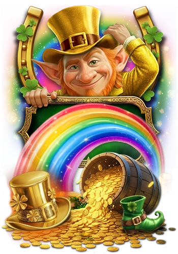 Irish Party leprechaun character celebrating beside golden coins